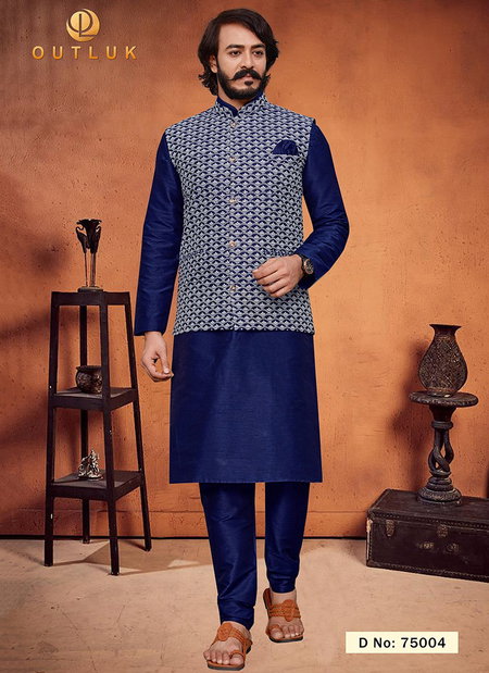 Navy Blue Colour Outluk Vol 75 Latest Designer Festive Wear Kurta Pajama With Jacket Collection 75004